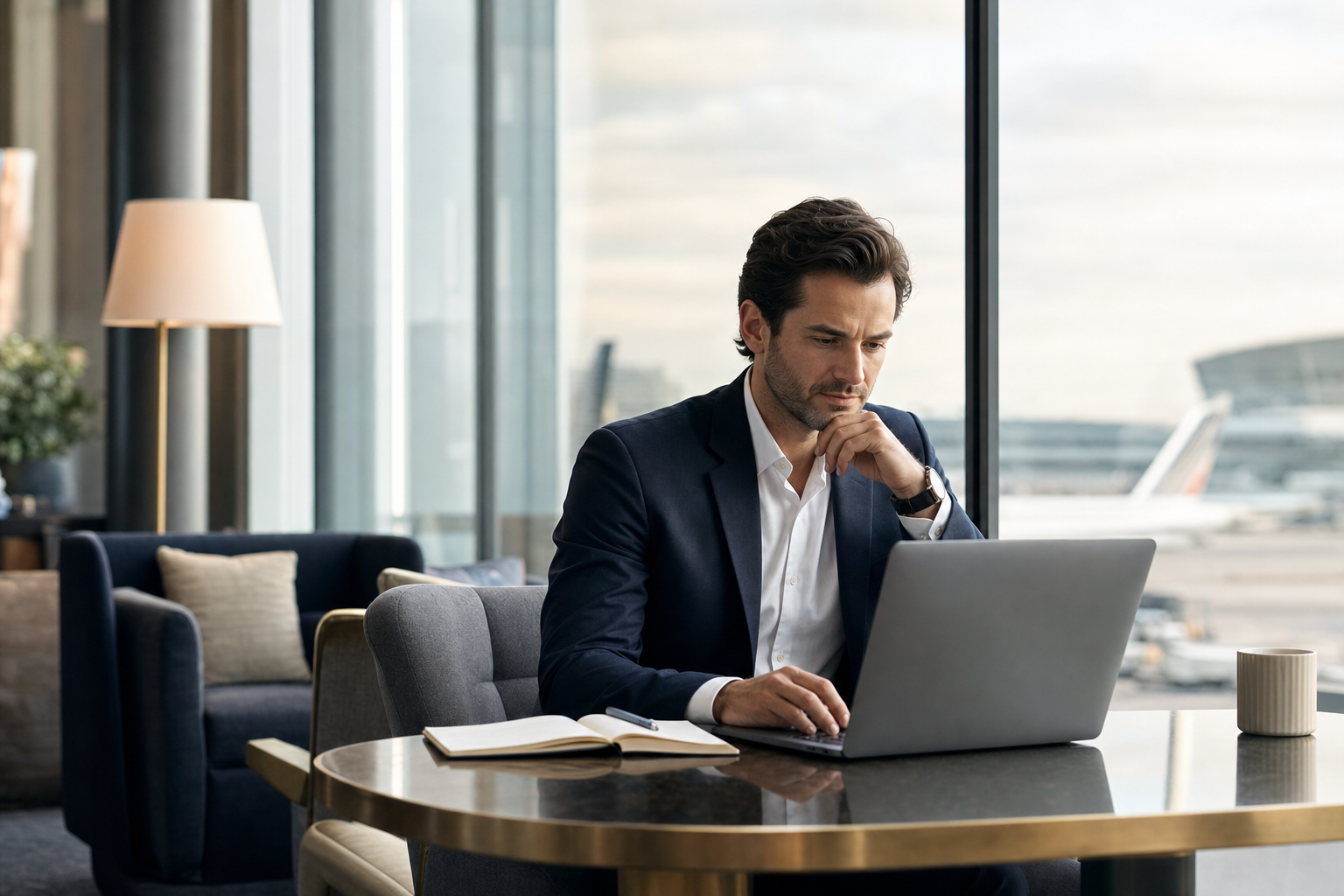 Business traveller working inside a premium airport lounge