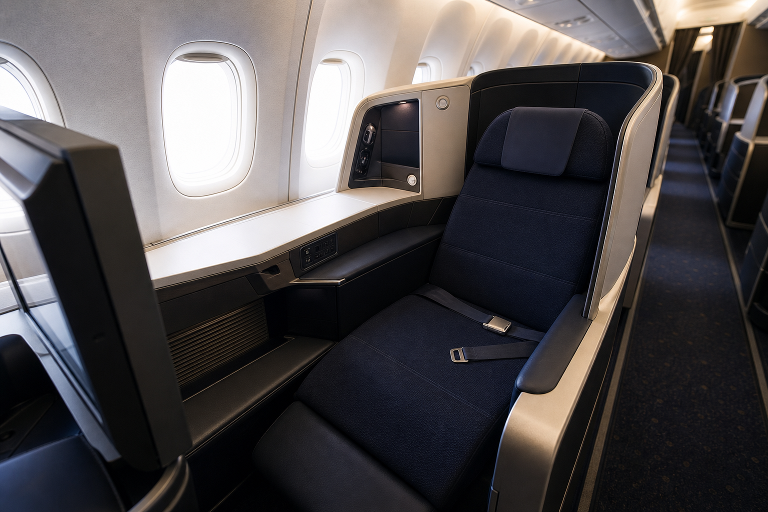 Modern lie-flat business-class seat inside an aircraft cabin